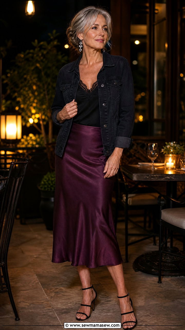 Black denim jacket with a midi slip skirt - 25 How to style a denim jacket over 50