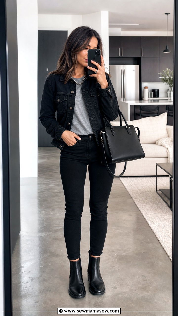 Black denim jacket with black skinny jeans - 25 Double denim outfit ideas petite
