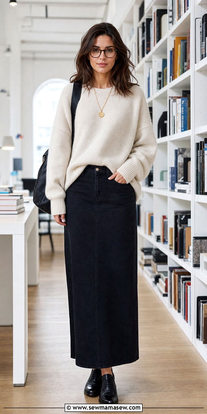 Black denim maxi skirt with cashmere sweater and oxfords - 25 Denim skirt outfit ideas for work