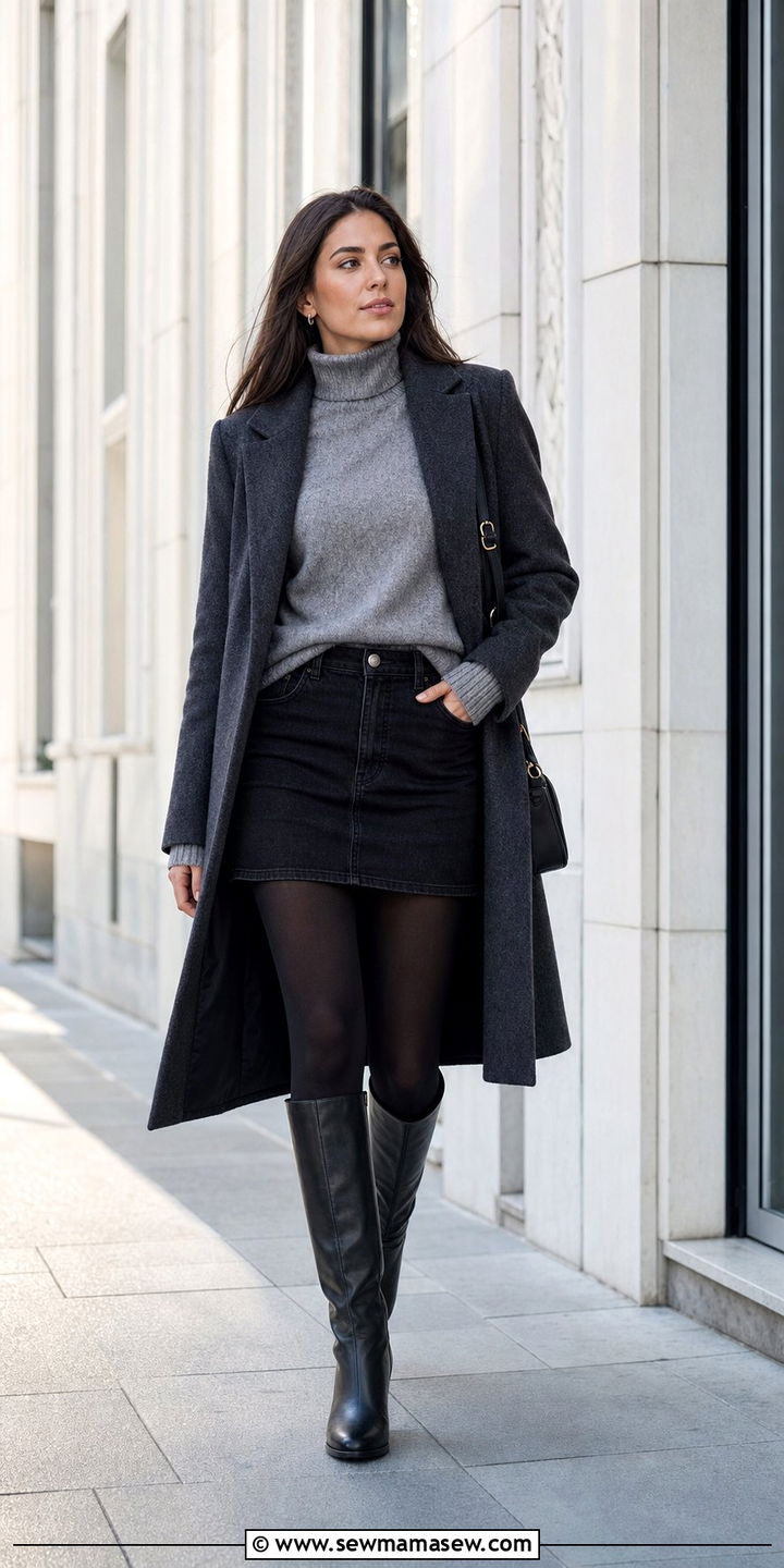 Black denim mini skirt with turtleneck and tights - 25 Denim skirt outfit ideas for work