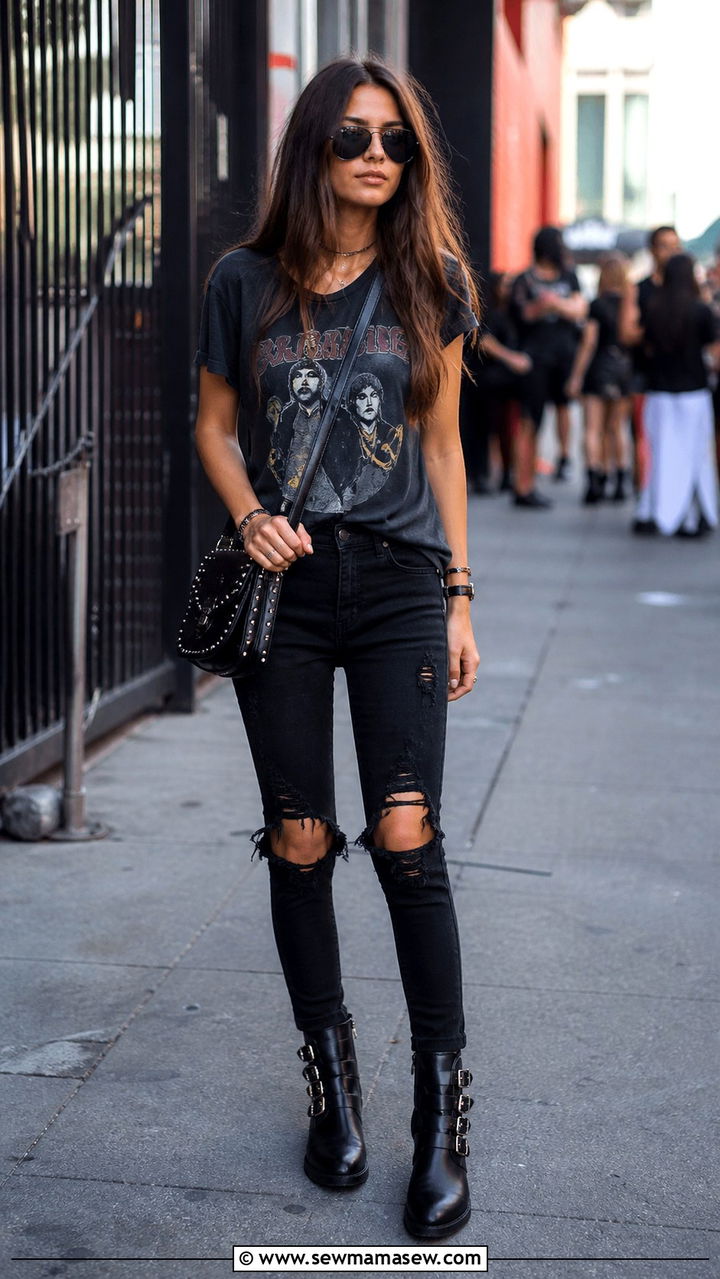 Black distressed jeans with band tee and moto boots - 40 jeans outfits