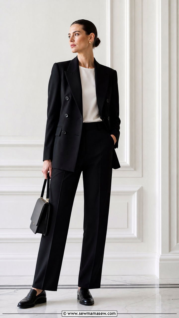 Black double breasted blazer with trousers - 35 Funeral outfit ideas for women
