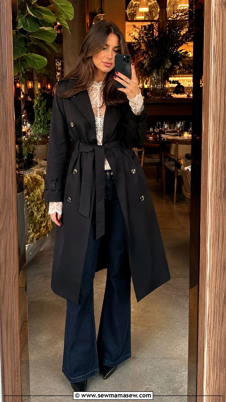 Black double breasted trench with lace top and bootcut jeans - 25 Black trench coat outfit ideas with jeans