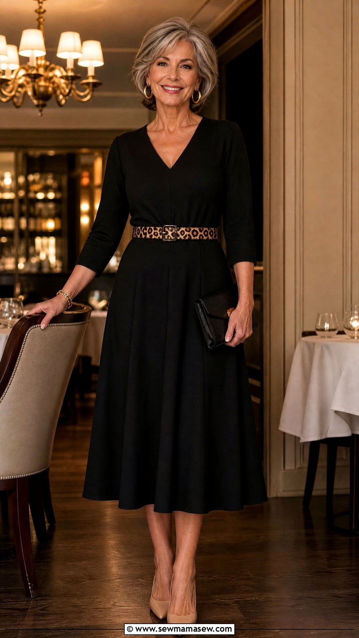 Black dress with an animal print belt and nude pumps - 30 Chic outfits for women over 60