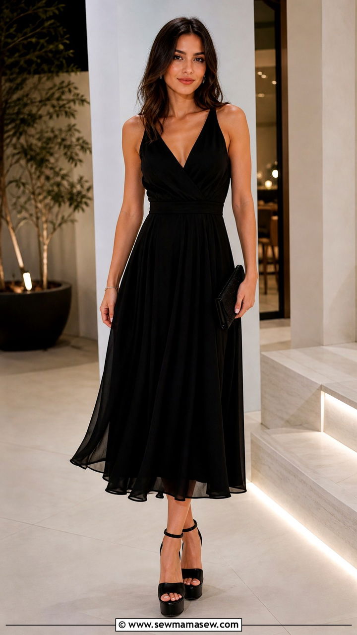 Black dress with black platform sandals - 40 platform sandals outfit ideas