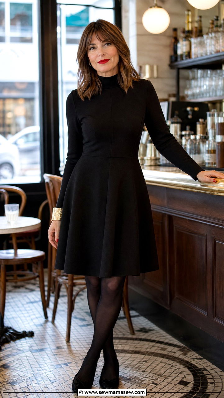 Black dress with opaques and ballet flats - 35 French girl outfit ideas for women over 40