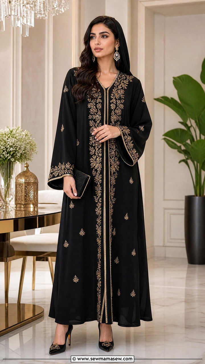 Black embroidered abaya with statement heels - 25 Iftar party outfit ideas