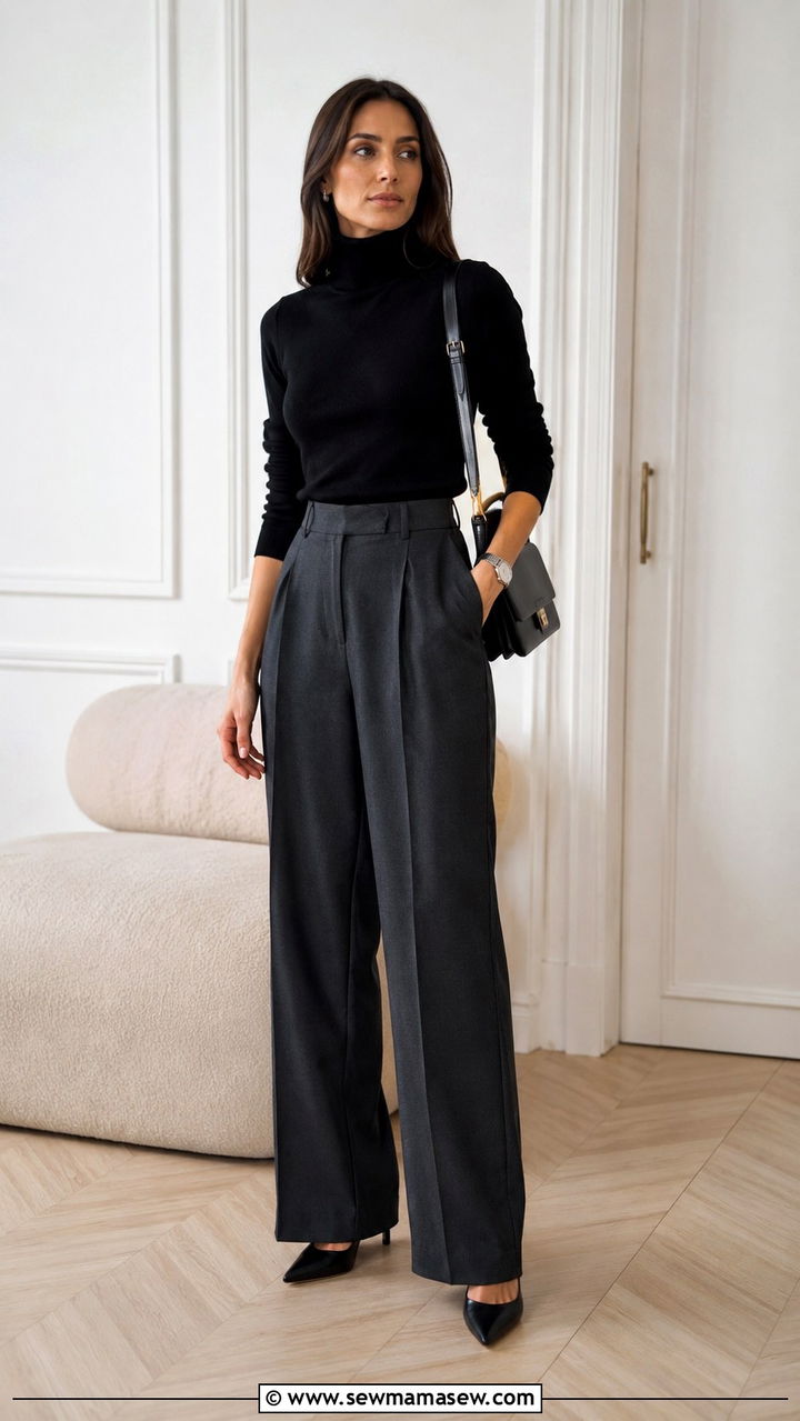 Black fine knit turtleneck with charcoal wide leg trousers - 30 quiet luxury capsule wardrobe outfits