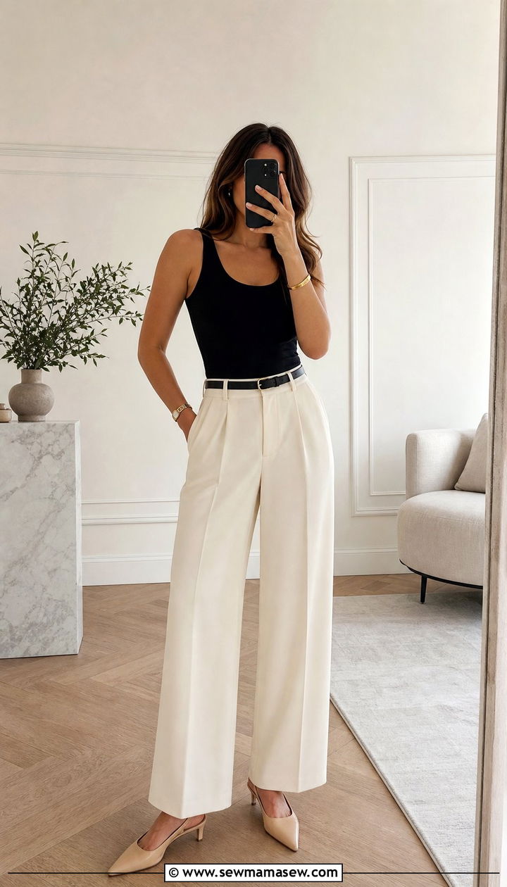 Black fitted tank with cream wide leg pants - 35 Business casual outfits for summer heat