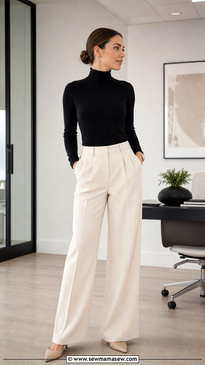 Black fitted turtleneck and cream wide leg trousers - 25 cute clean girl outfits