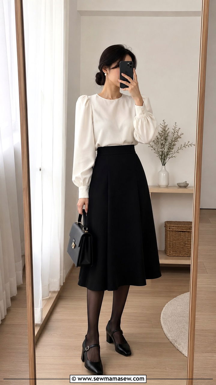 Black flared midi skirt with a white puff sleeve blouse - 30 modest job interview outfit ideas