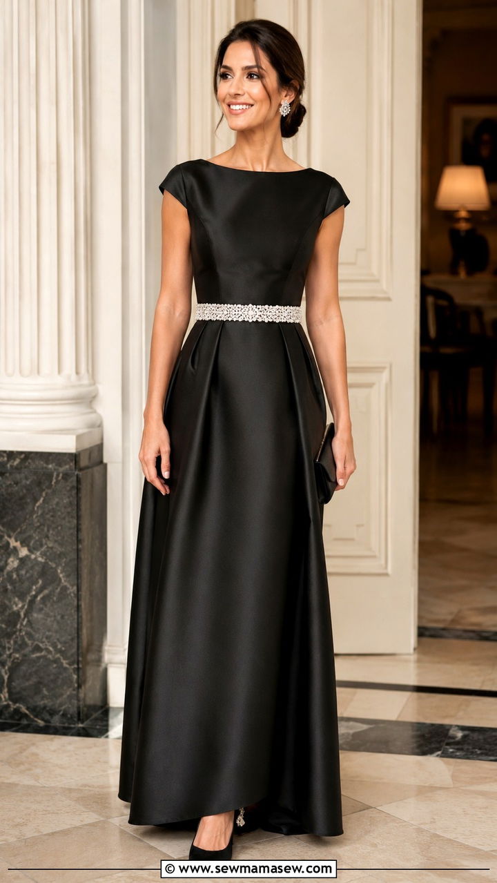Black floor length gown with rhinestone belt - 25 White tie wedding guest outfit ideas