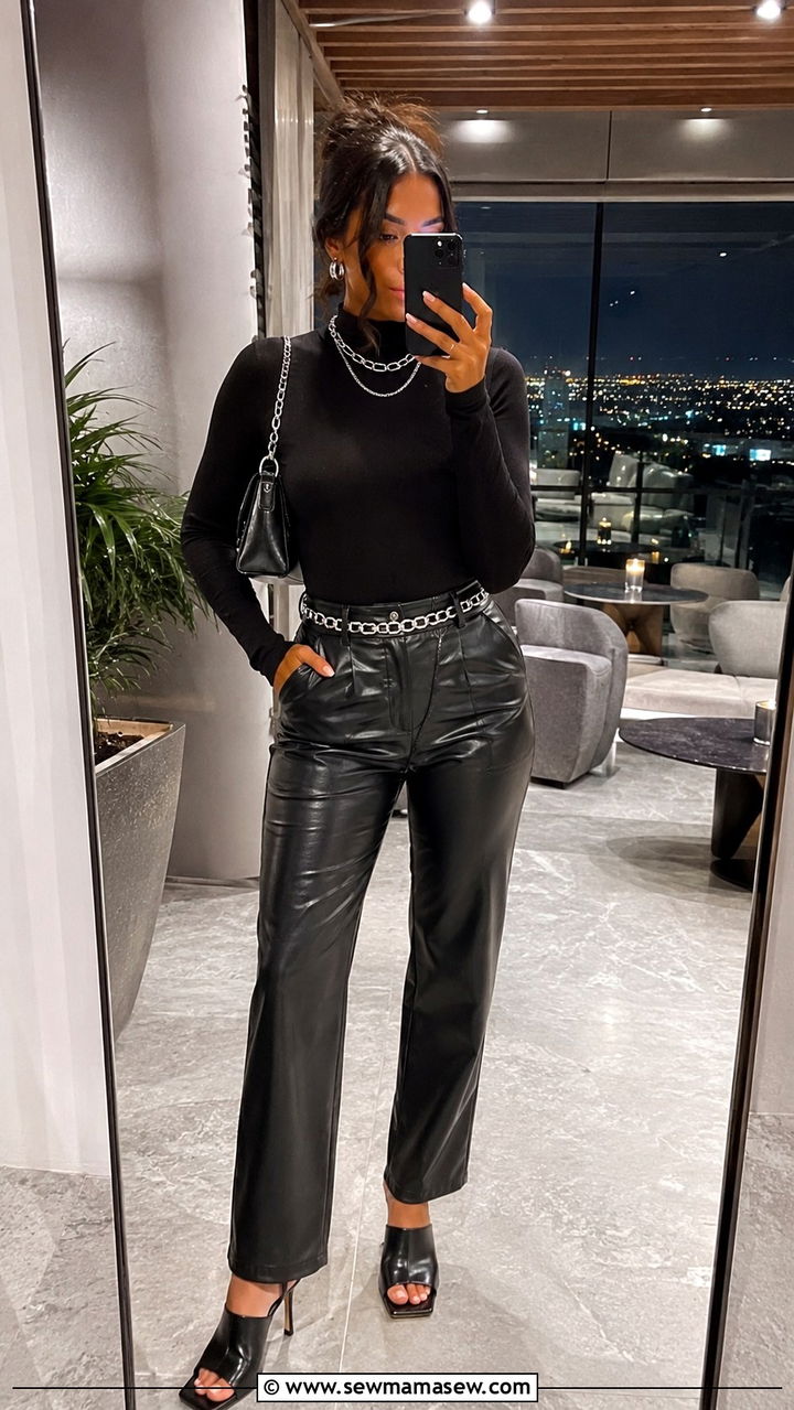 Black funnel neck bodysuit with faux leather pants - 20 Glamoratti outfit ideas funnel neck