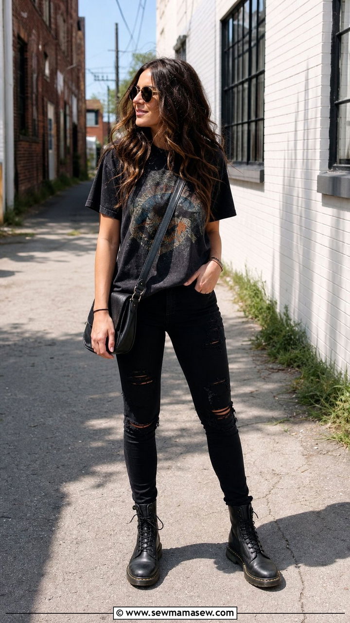 Black graphic tee with black distressed jeans - 35 black outfit ideas for women
