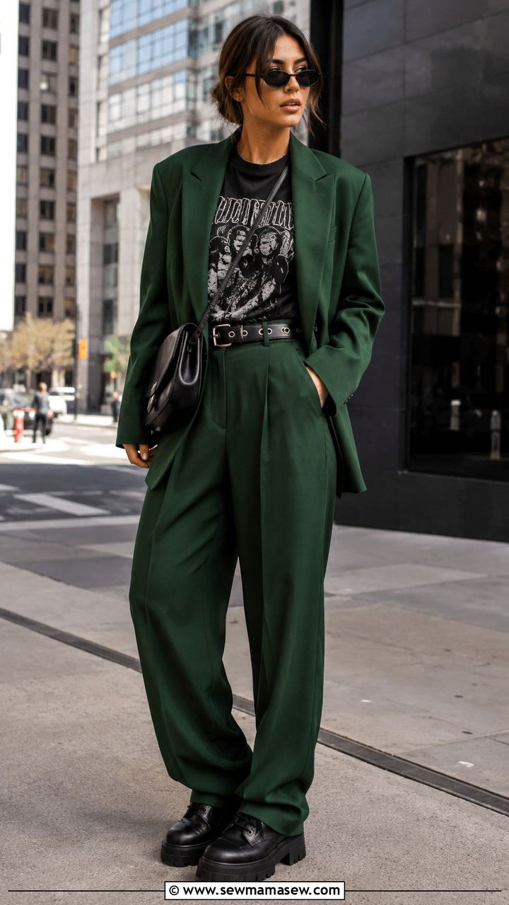 Black graphic tee with green baggy suit and combat boots - 20 cute glamoratti outfits