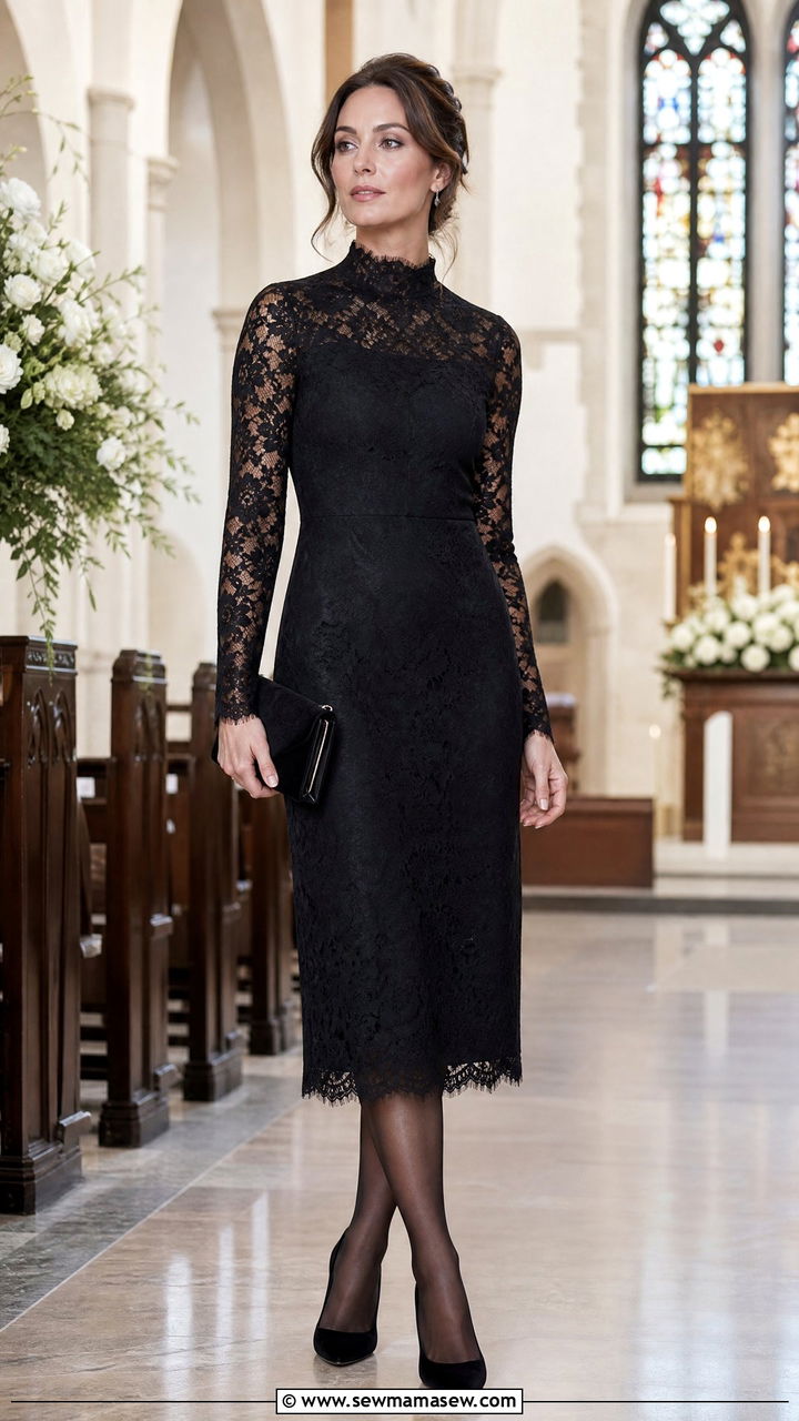 Black high neck lace dress - 35 Funeral outfit ideas for women