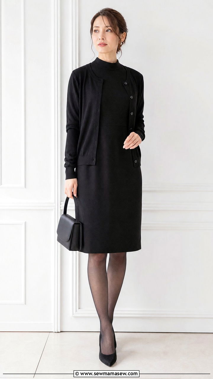 Black high neck sleeveless dress with cardigan - 35 Funeral outfit ideas for women