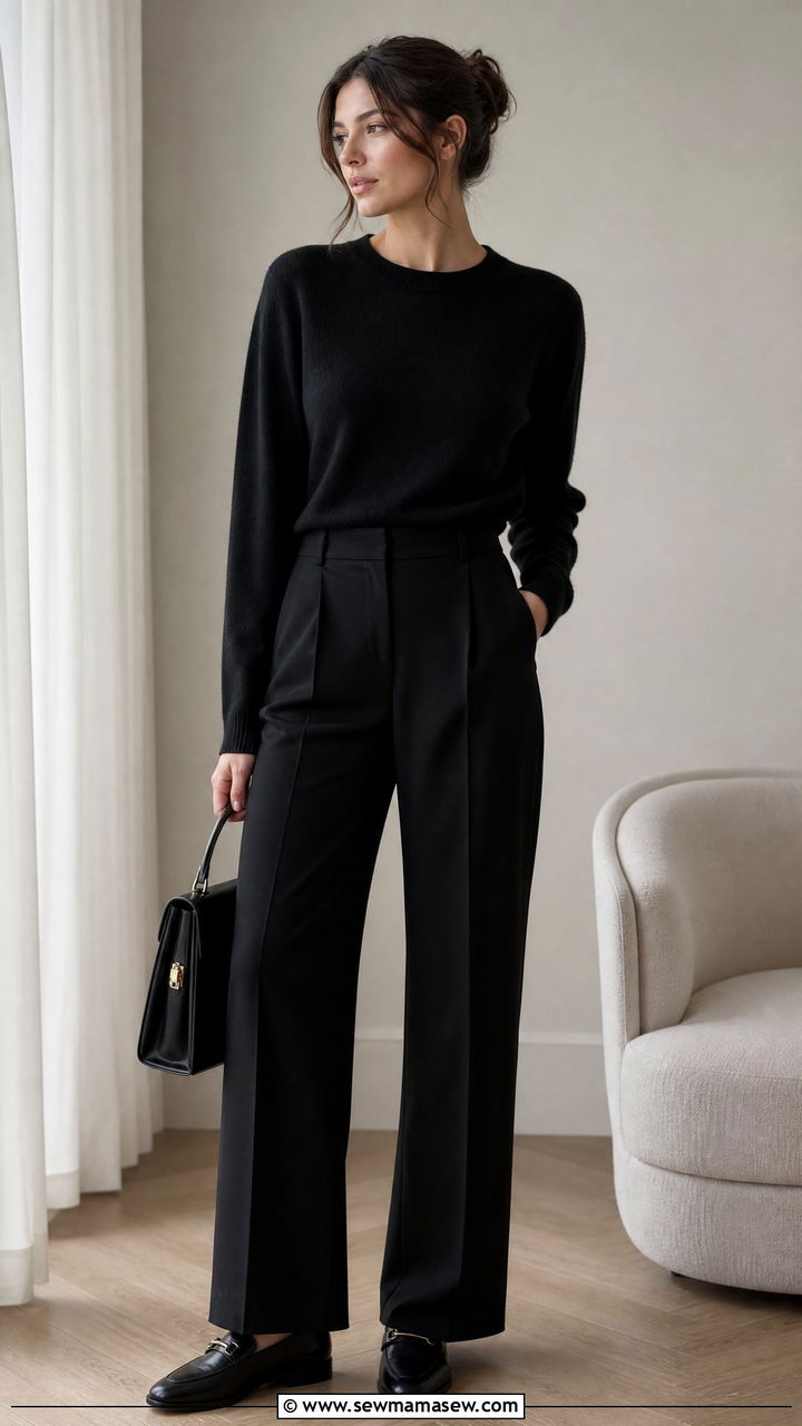 Black high waisted trousers with cashmere sweater - 35 Funeral outfit ideas for women