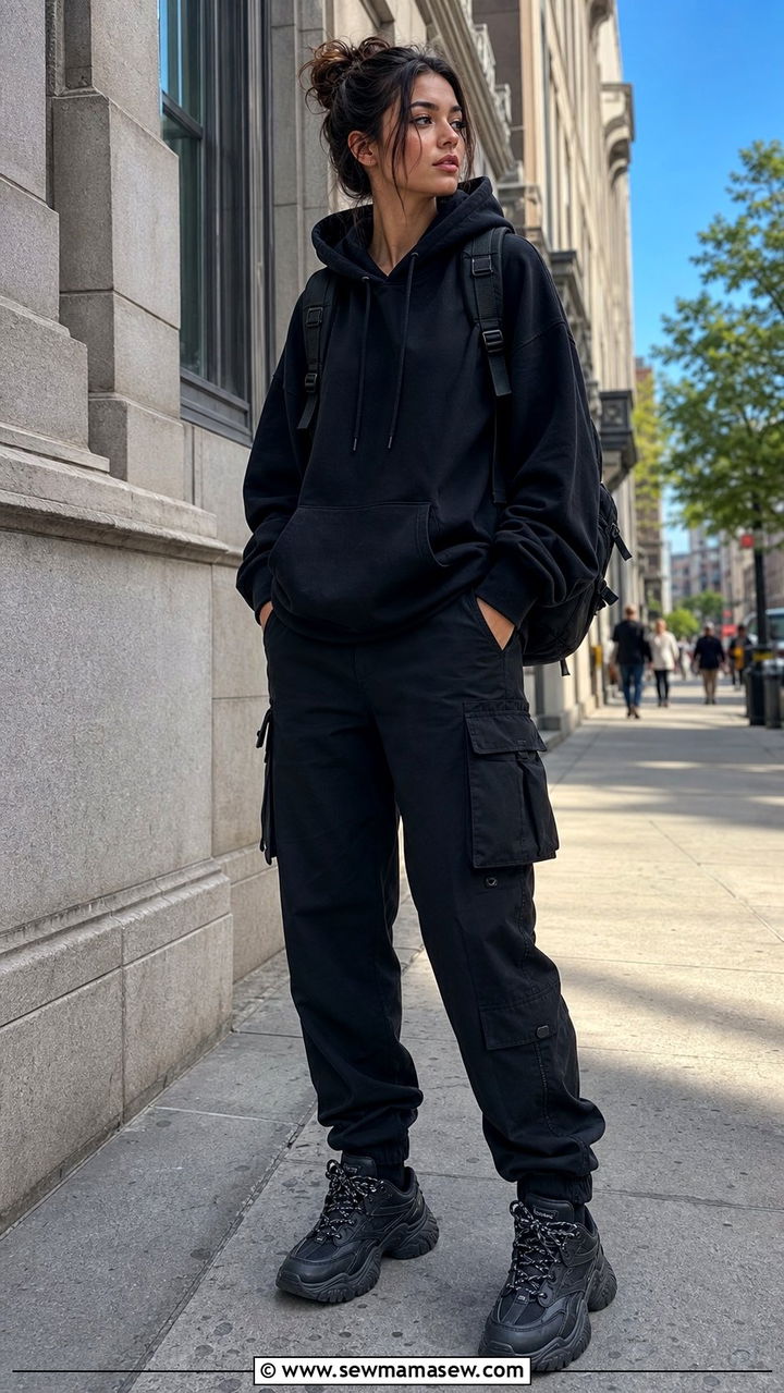 Black hoodie with black cargo pants - 35 black outfit ideas for women