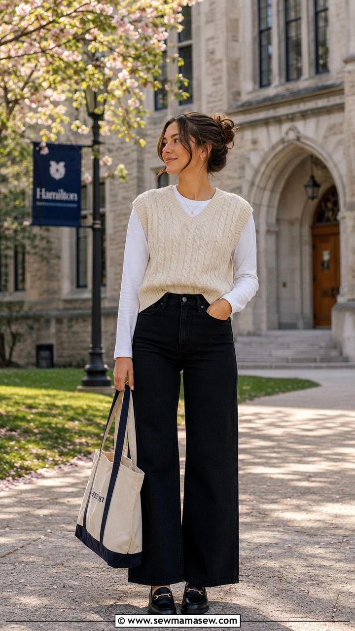 Black jeans with sweater vest spring outfit - 30 Spring outfits with black jeans