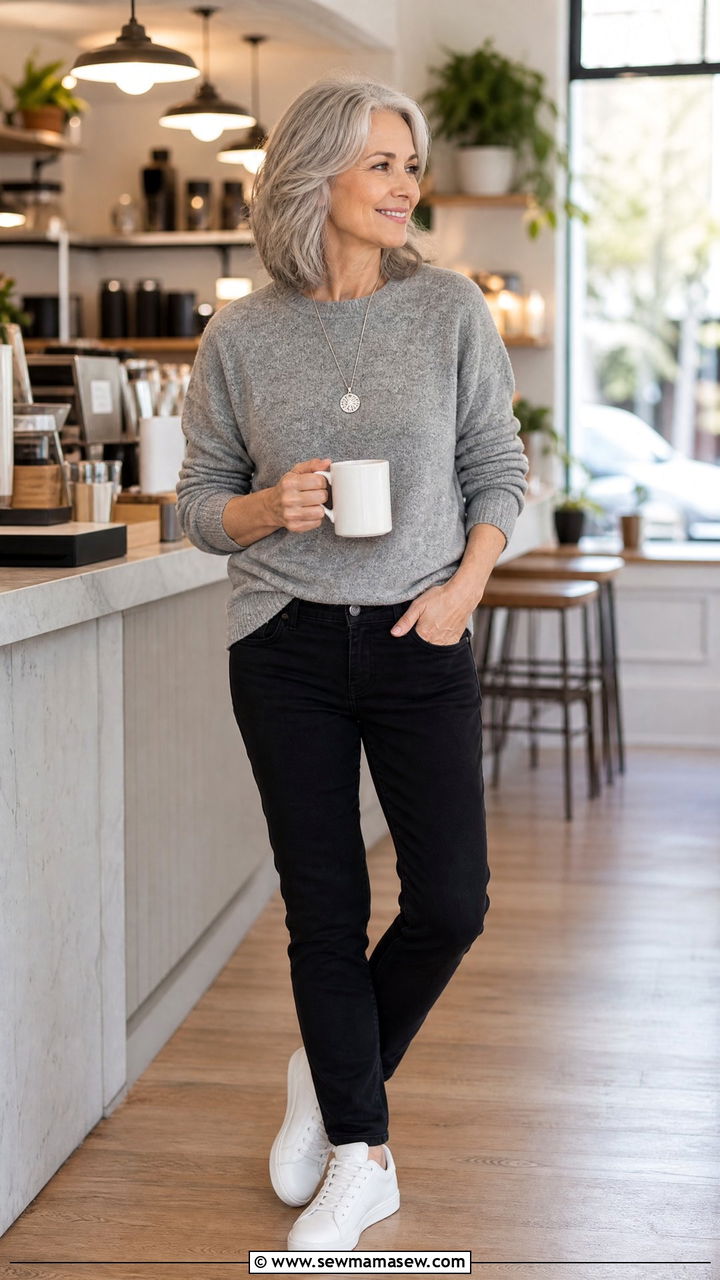 Black jeans with white sneakers outfit - 35 Jeans and sneakers outfit ideas over 50