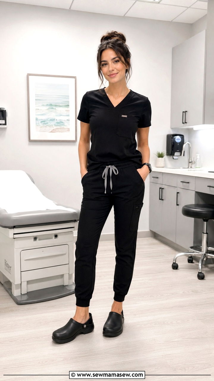 Black jogger scrub set and clogs - 25 Vet tech outfit ideas