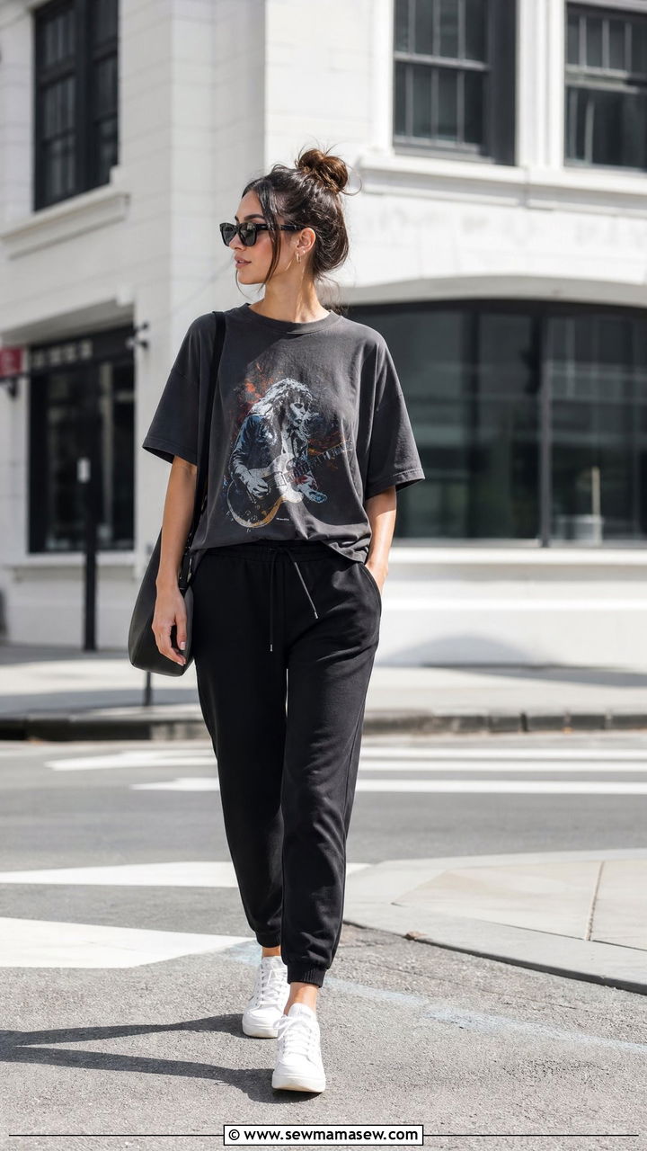 Black joggers with oversized graphic tee - 30 Summer outfits with joggers