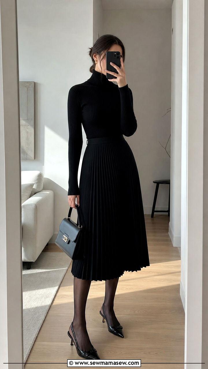 Black jumpsuit and black pointed toe heels outfit - 40 Monochromatic outfit ideas