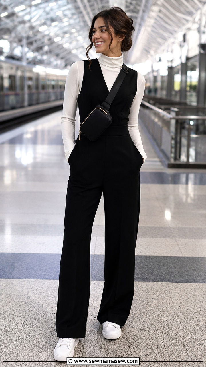 Black jumpsuit with a white turtleneck and white sneakers - 30 spring city break outfit ideas