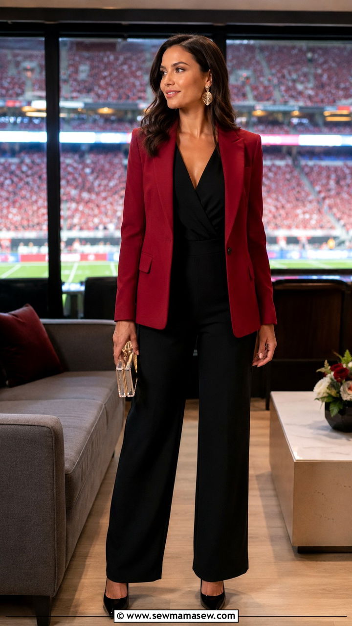Black jumpsuit with crimson blazer - 20 Gameday outfit ideas Alabama