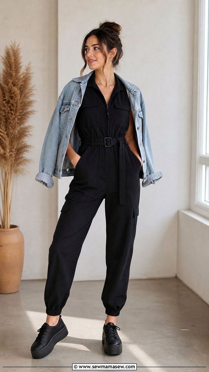 Black jumpsuit with denim jacket - 30 Esthetician outfit ideas