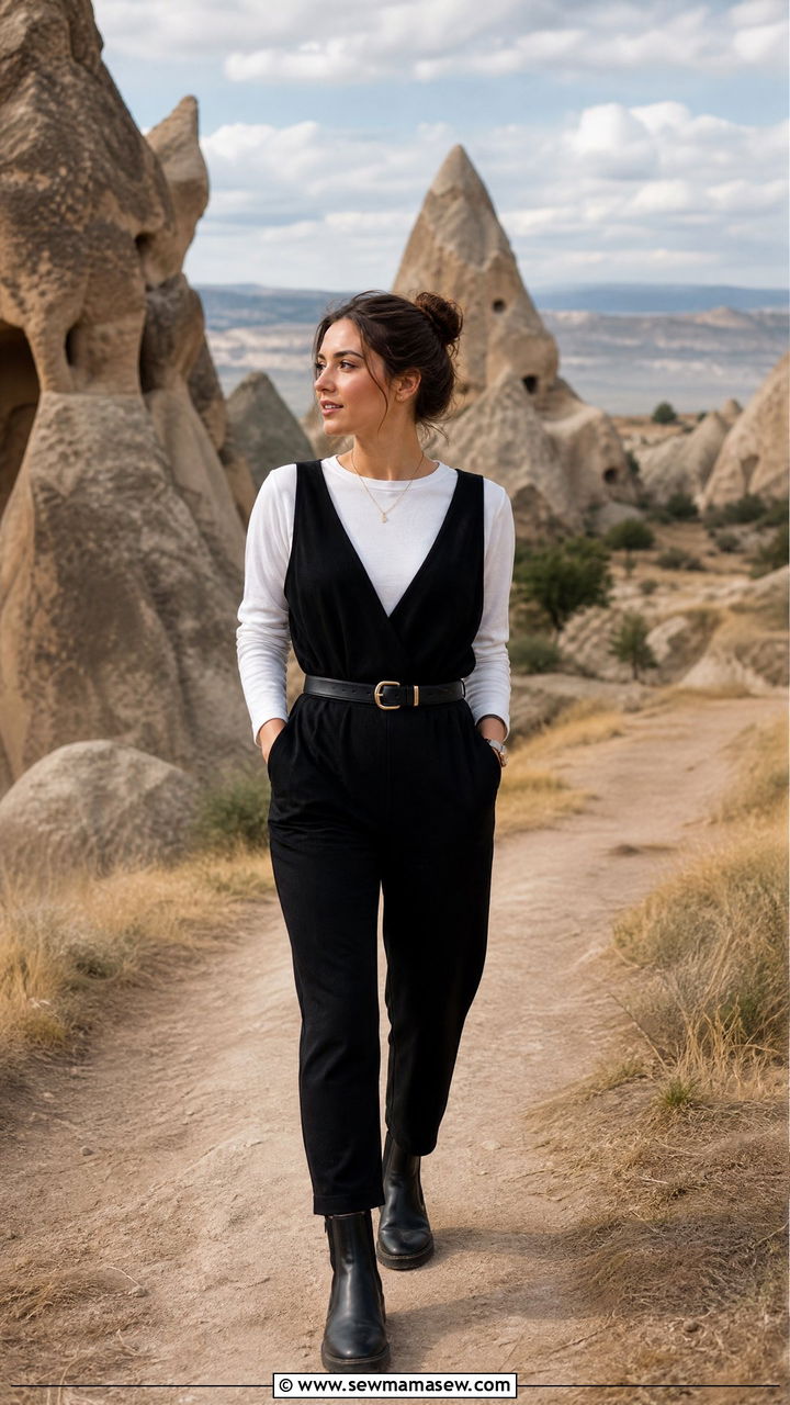 Black jumpsuit with flat boots Cappadocia outfit - 25 Cappadocia outfit ideas