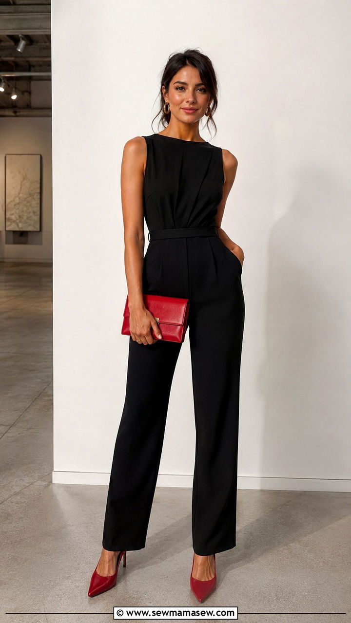 Black jumpsuit with red clutch - 25 Red and black outfit ideas