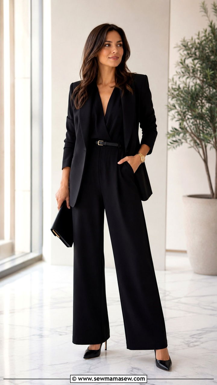 Black jumpsuit with structured blazer and heels - 30 business casual outfits inspo