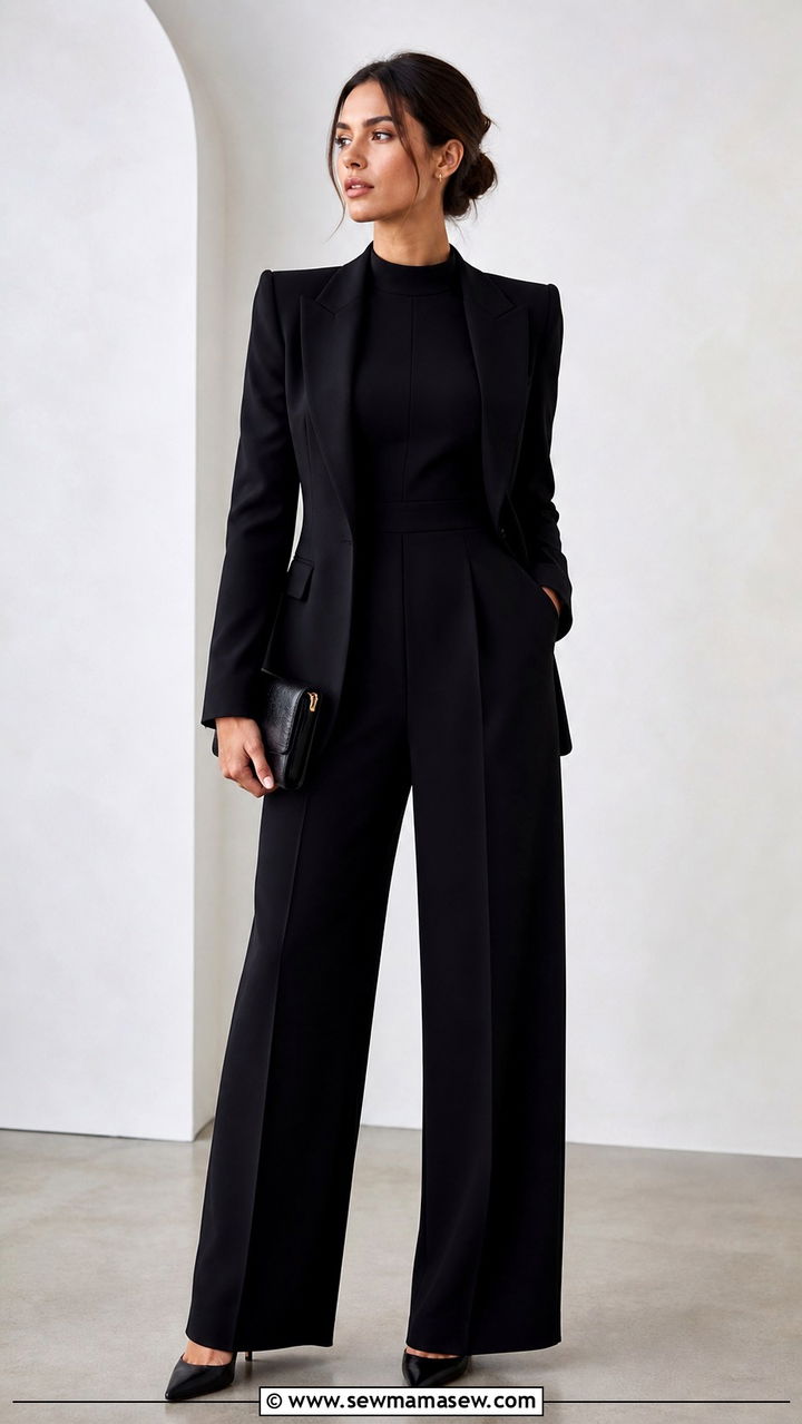 Black jumpsuit with structured blazer funeral outfit - 40 Funeral outfit ideas