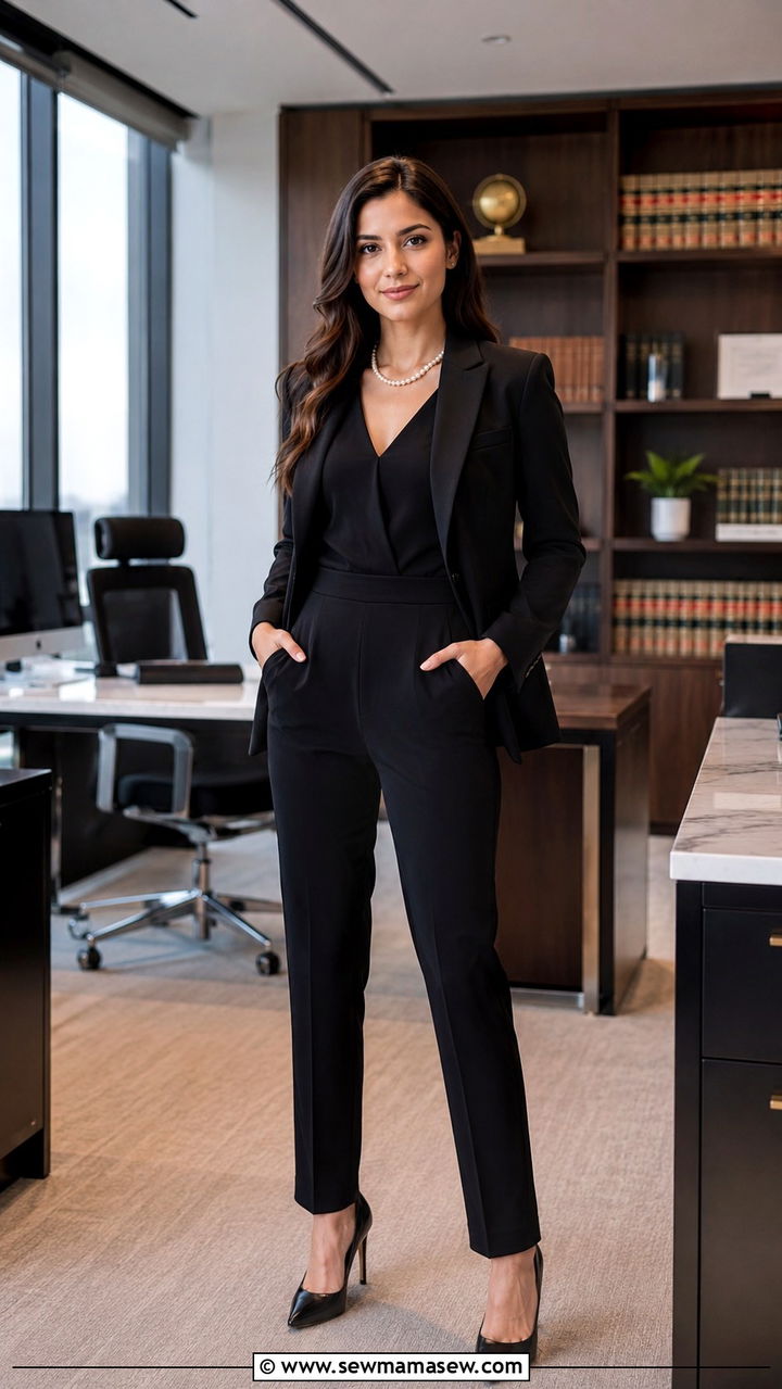 Black jumpsuit with tailored blazer and pointed heels - 30 Legal intern outfit ideas