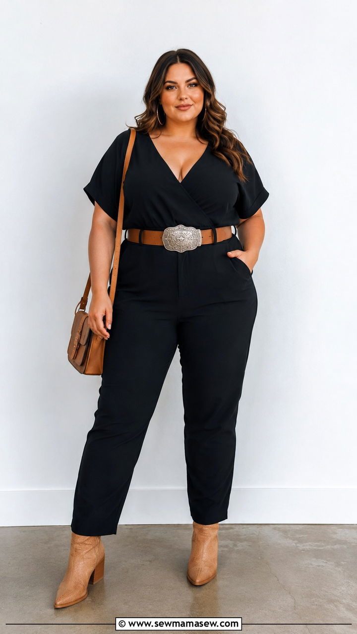 Black jumpsuit with western belt outfit - 30 plus size country concert outfit ideas