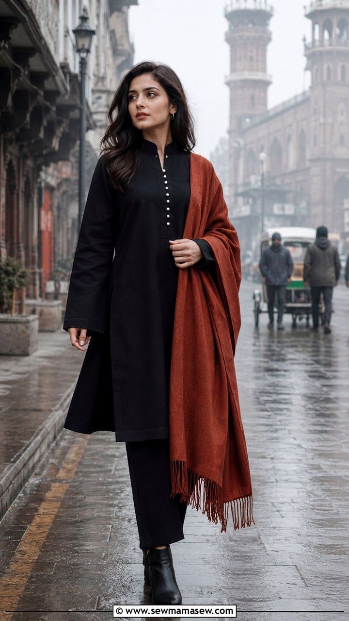Black khaddar pret with contrast wool shawl - 30 Lahore outfit ideas