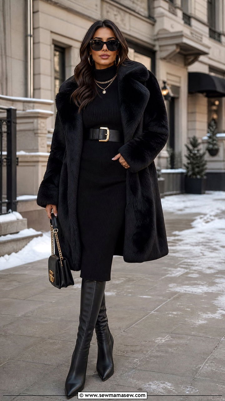 Black knit midi dress with knee high boots - 35 Mob wife outfit ideas