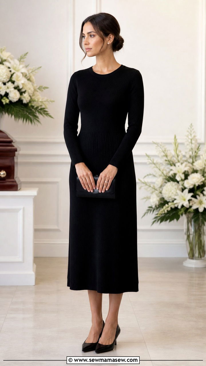 Black knit midi dress with simple accessories funeral - 40 Funeral outfit ideas