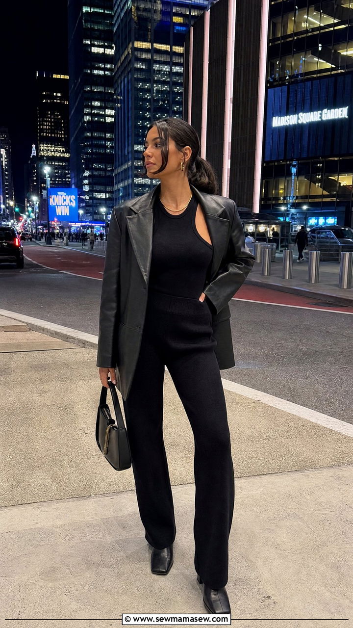 Black knit set with leather blazer - 25 Knit matching set outfit ideas