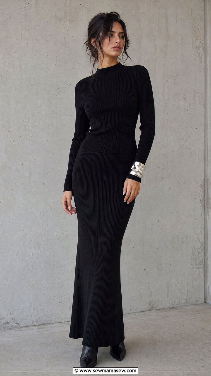 Black knit top and maxi skirt coord set - 30 Coord set outfit ideas for photoshoot