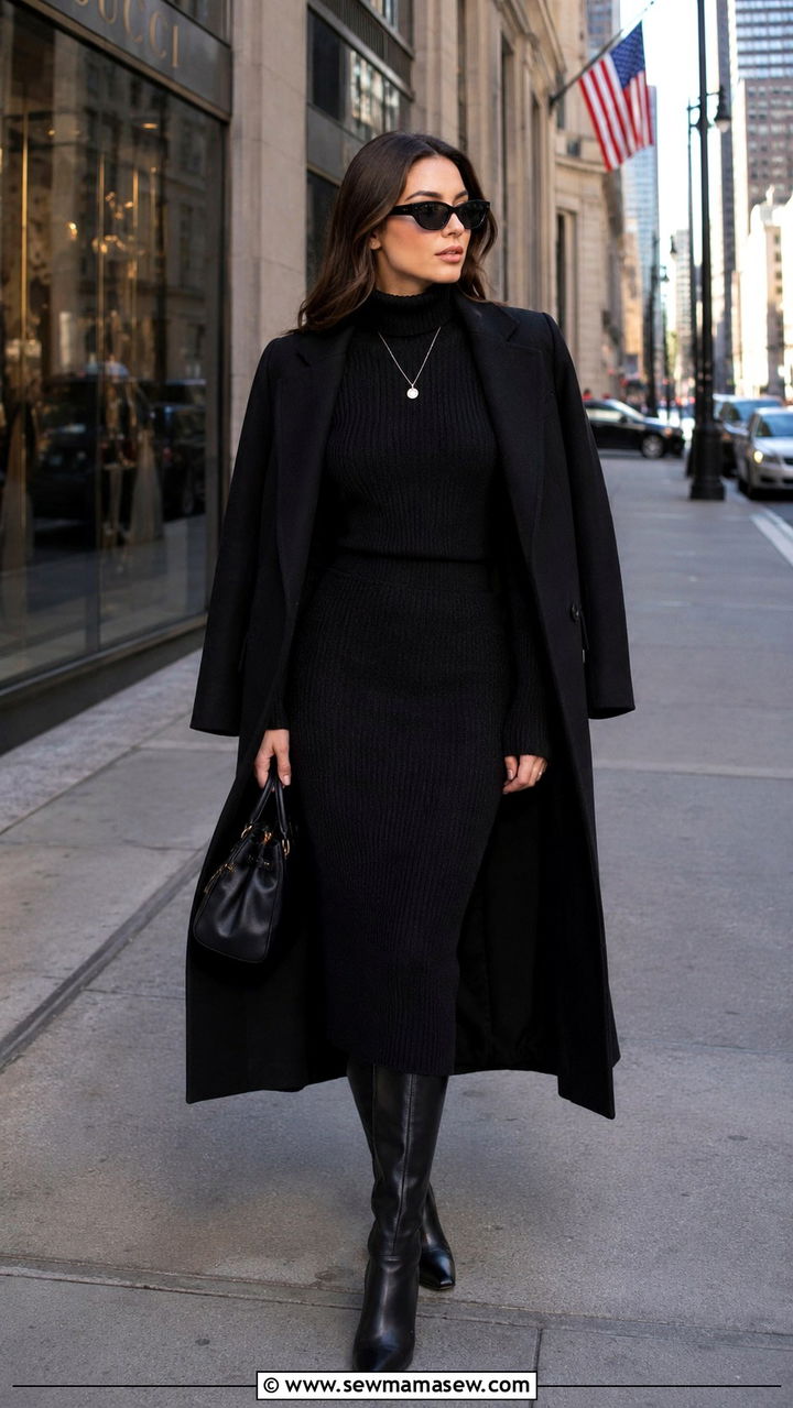 Black knit turtleneck and fitted midi skirt winter set - 30 Top and skirt matching set outfit ideas