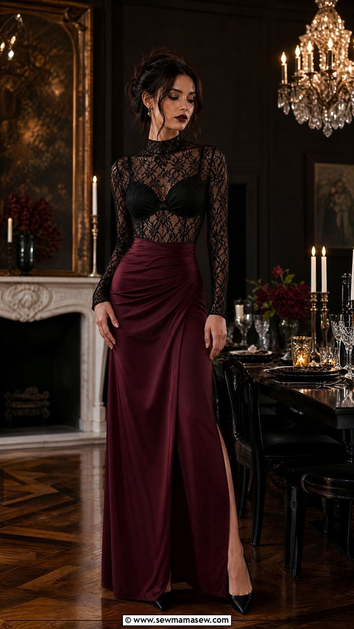 Black lace bodysuit with high waist burgundy maxi skirt goth outfit - 40 Gothic outfit ideas