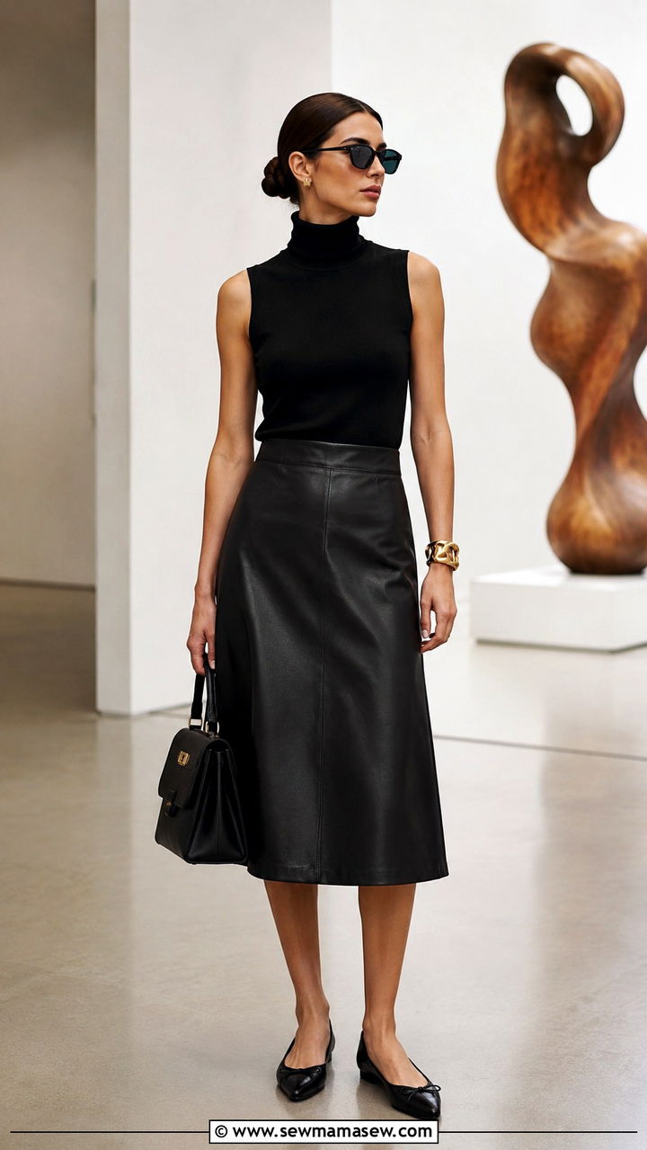 Black leather A line skirt with sleeveless turtleneck and pointed flats - 30 Leather skirt outfit ideas for summer