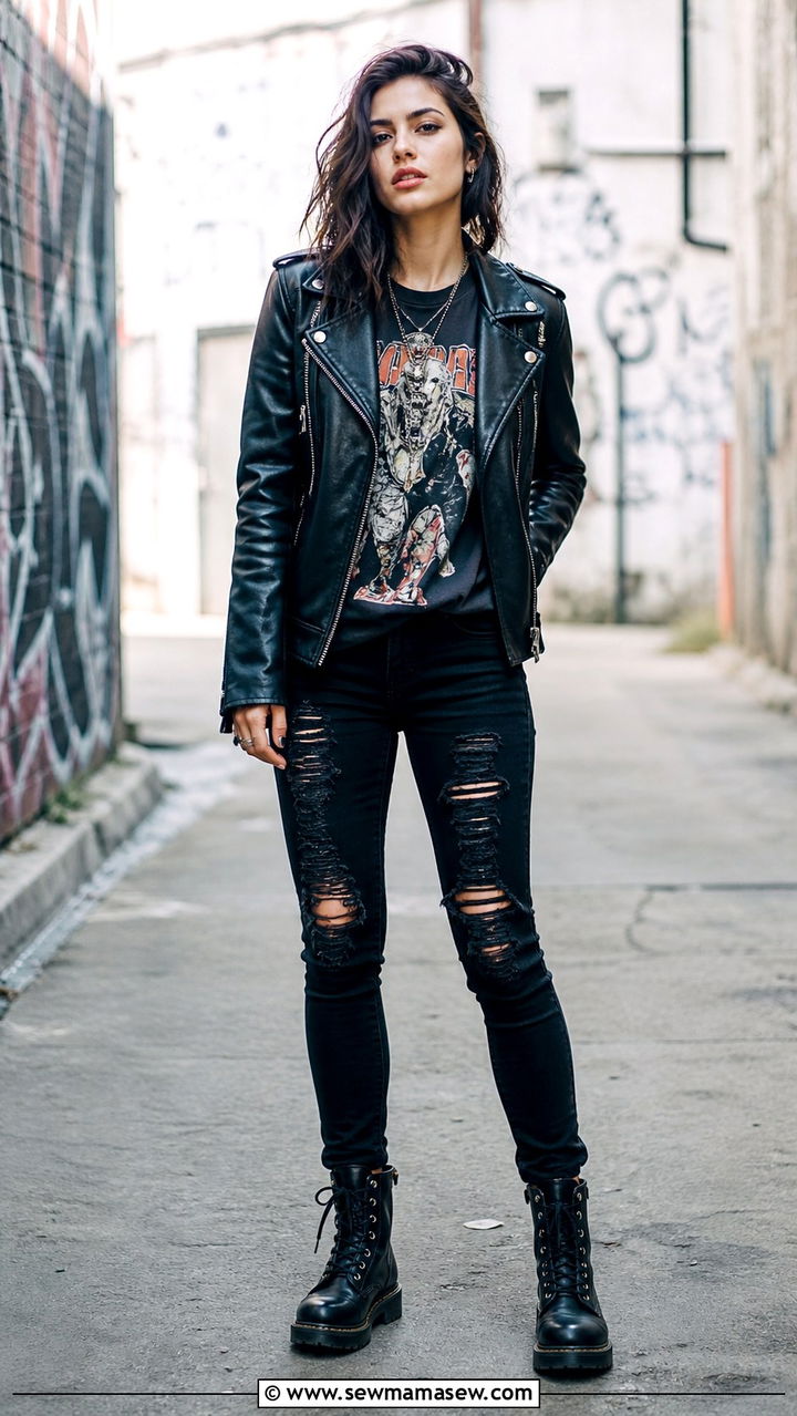 Black leather biker jacket with graphic tee and ripped jeans - 40 leather jacket outfit ideas