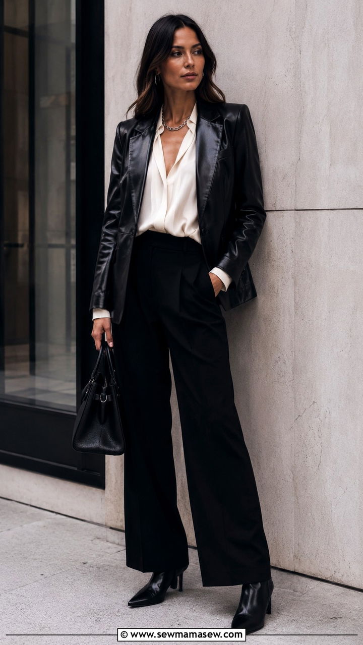 Black leather blazer with a chiffon blouse and heeled boots - 25 Wide leg black pants outfit ideas with a blazer