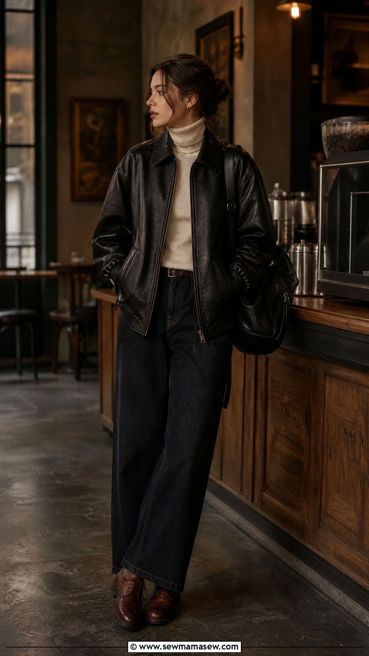 Black leather bomber and turtleneck outfit - 30 dark academia outfits ideas