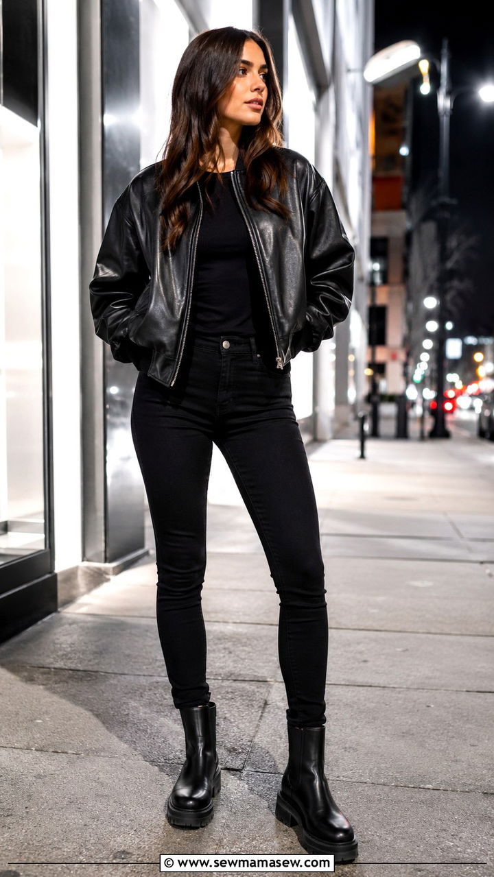 Black leather bomber jacket with black skinny jeans - 30 Bomber jacket outfit ideas with jeans