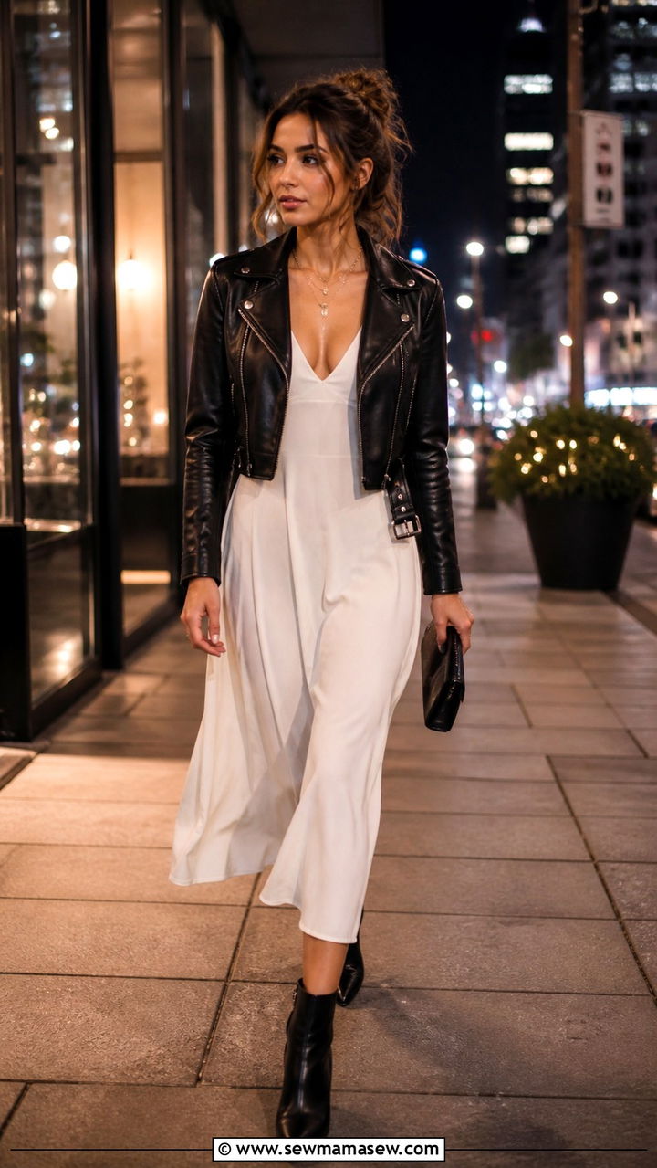 Black leather jacket and white midi dress outfit - 40 Black and white outfit ideas